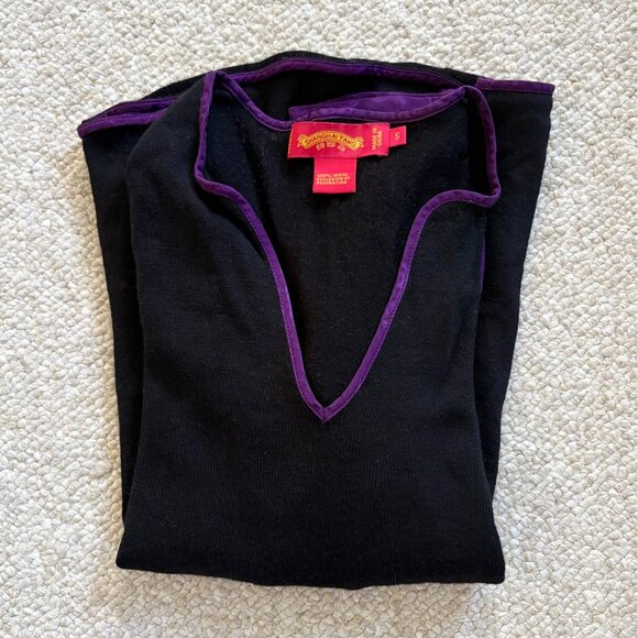 Shanghai Tang 100% Wool Black Sweater w/ Silk Purple Cuffs | Women’s - Picture 3 of 5